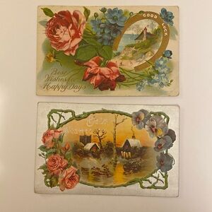 Pair of Best Wishes Antique Postcards